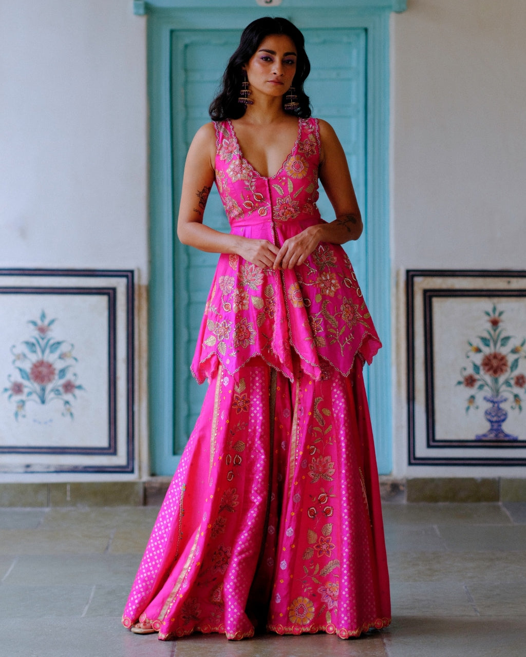 Fuchsia Peplum Sharara Set