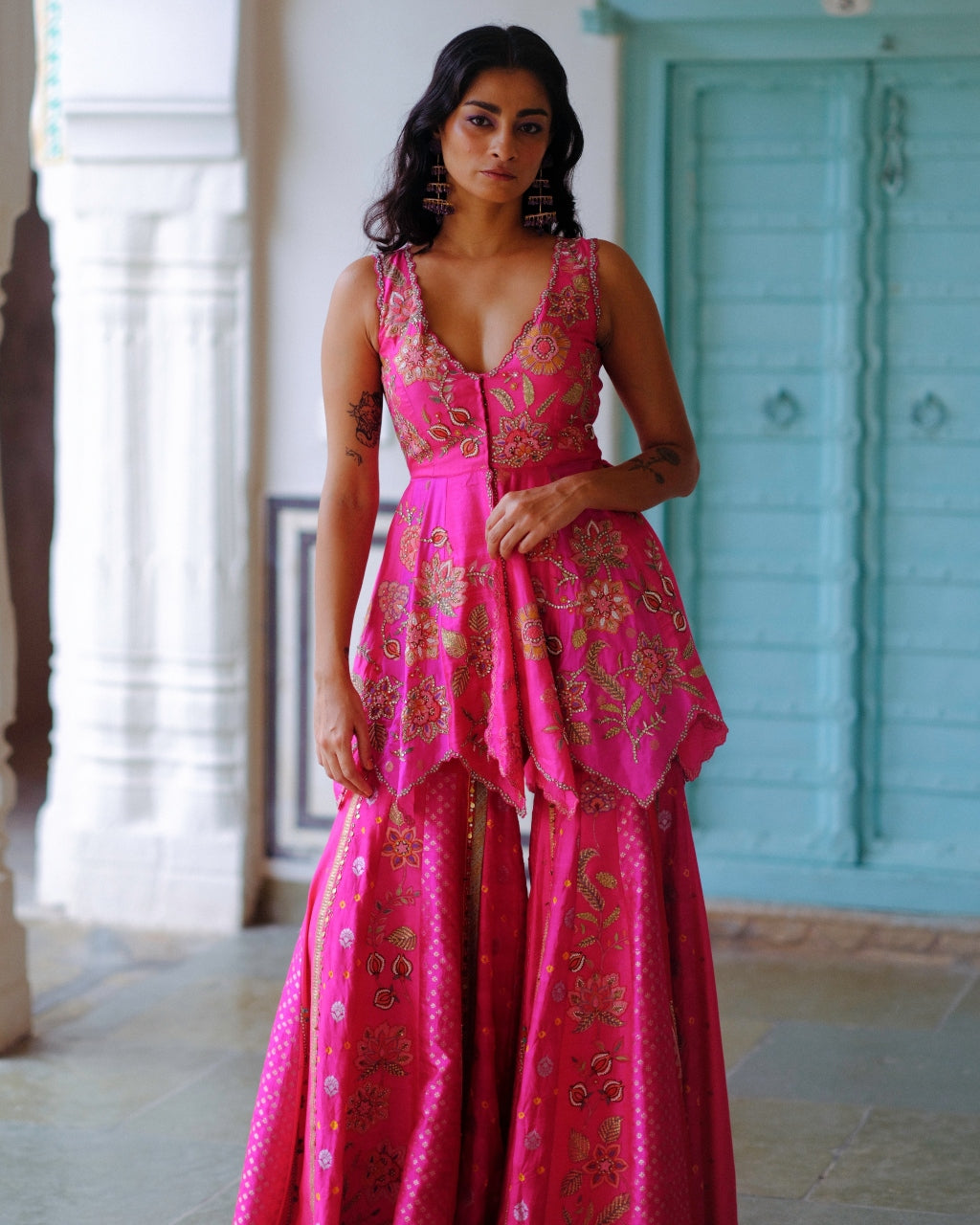 Fuchsia Peplum Sharara Set