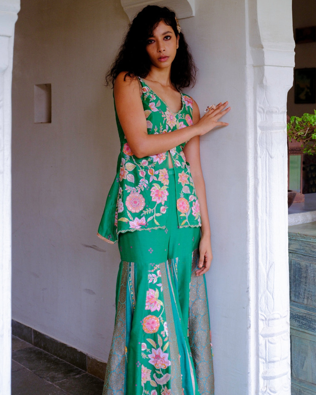 Green Peplum Sharara Set