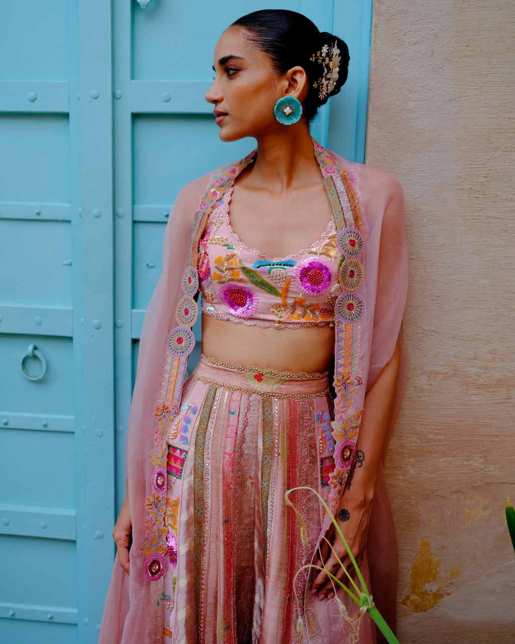 Peach Sequins Cape Sharara Set