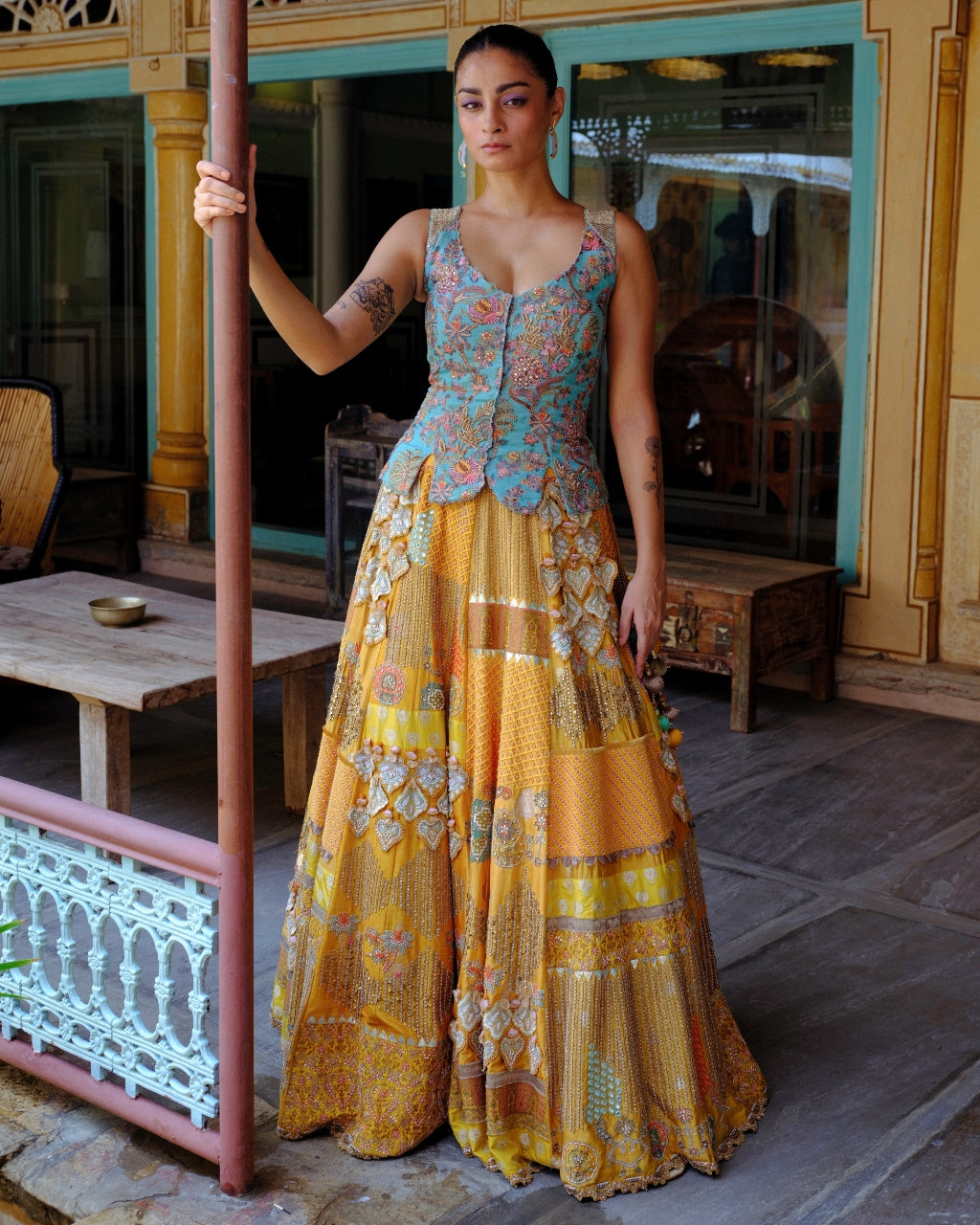 Blue Corset & Mustard Lehenga Set