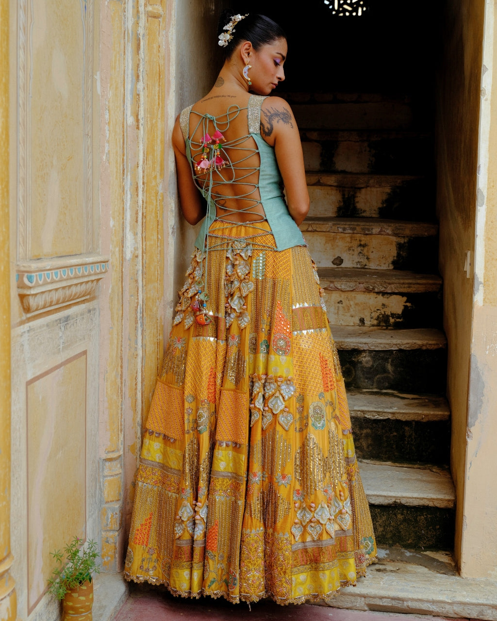 Blue Corset & Mustard Lehenga Set