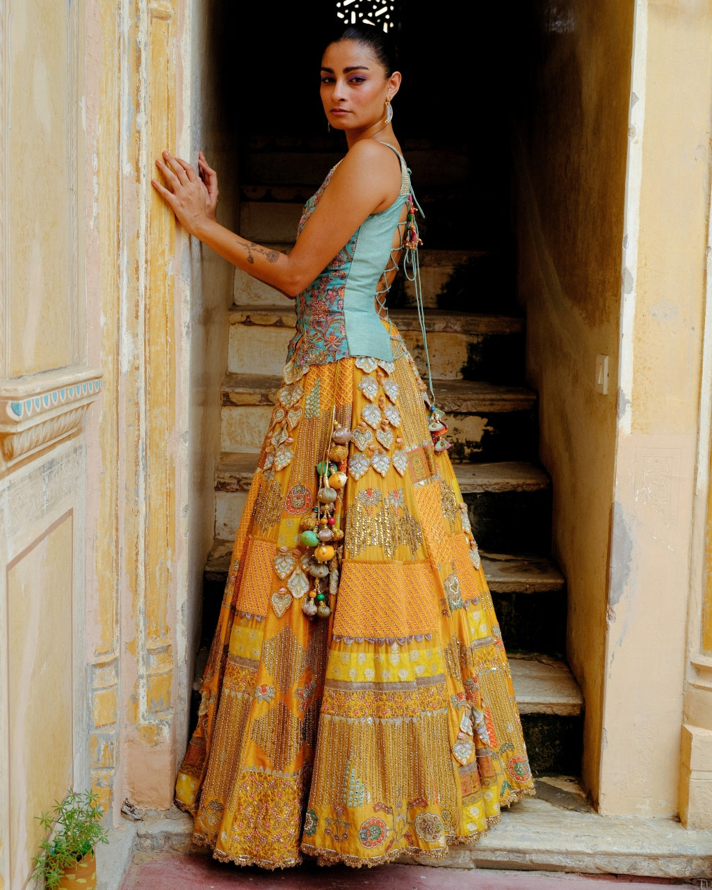 Blue Corset & Mustard Lehenga Set