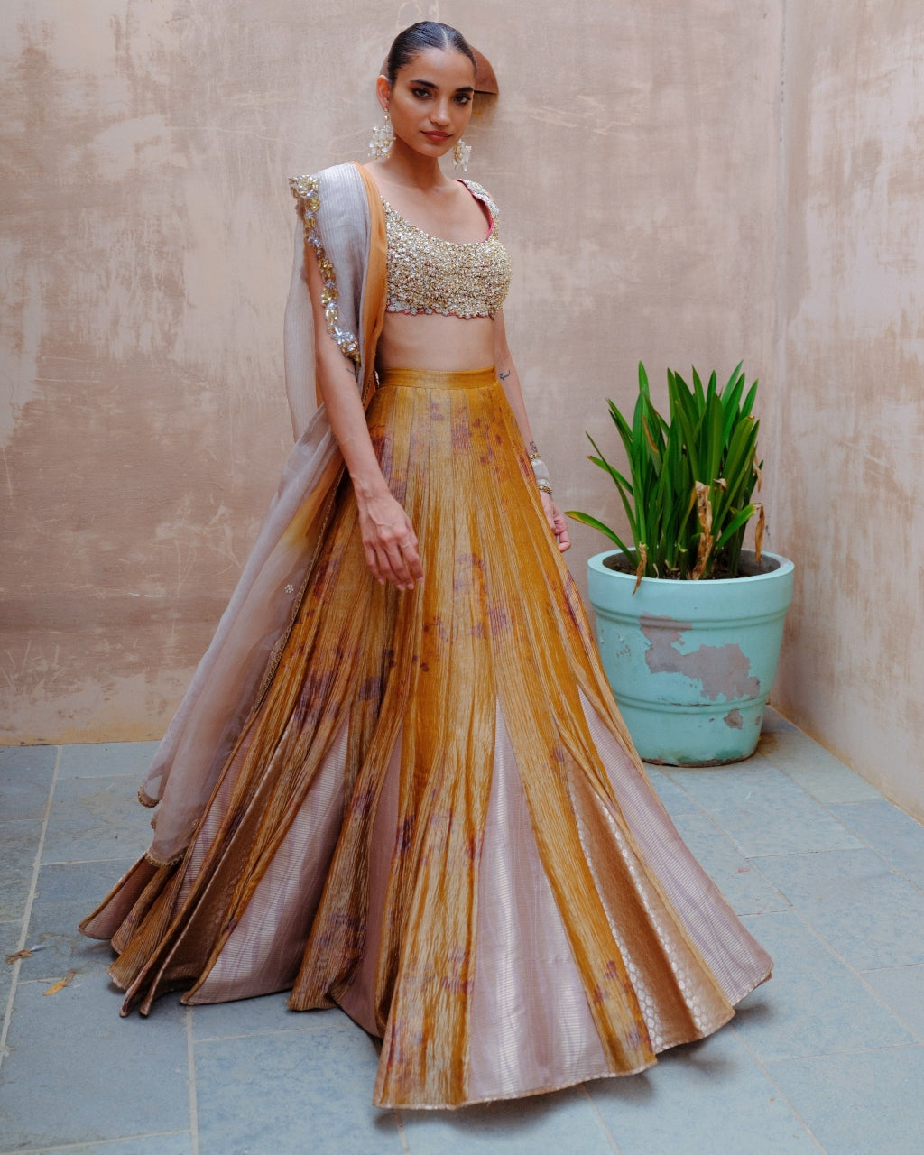 Mustard Tissue Lehenga Set