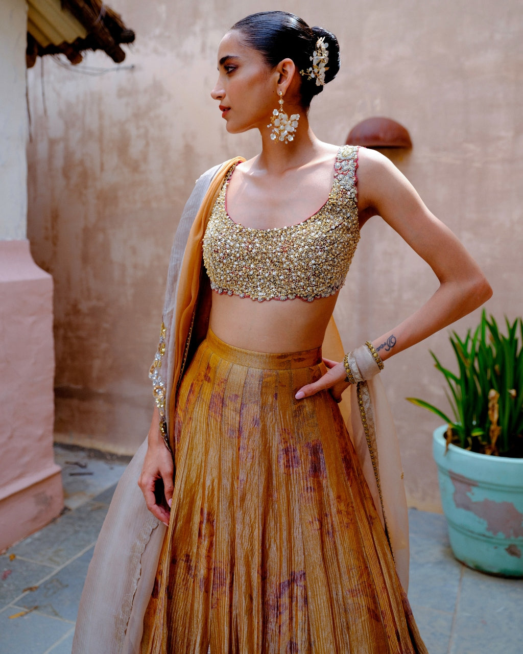 Mustard Tissue Lehenga Set