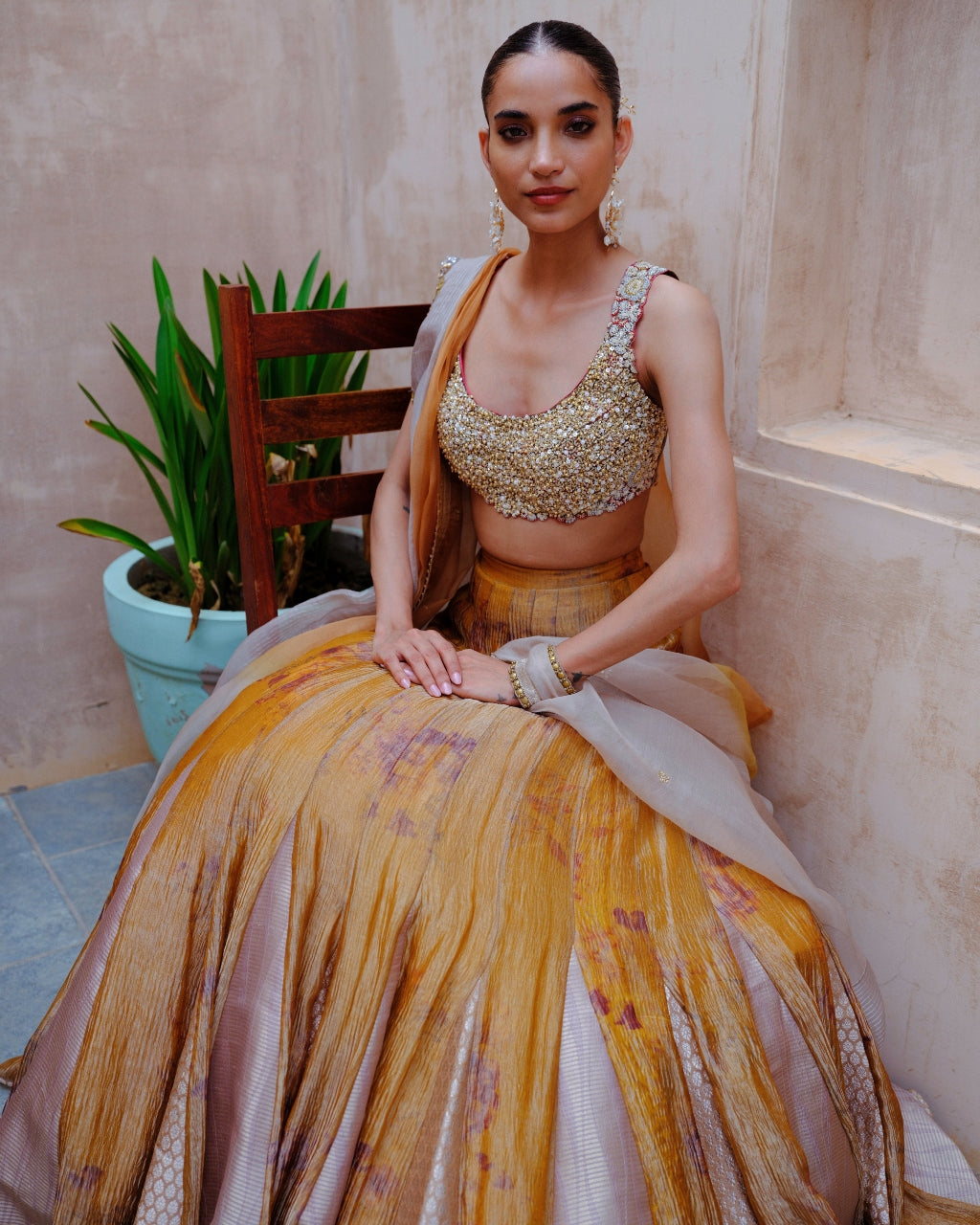 Mustard Tissue Lehenga Set