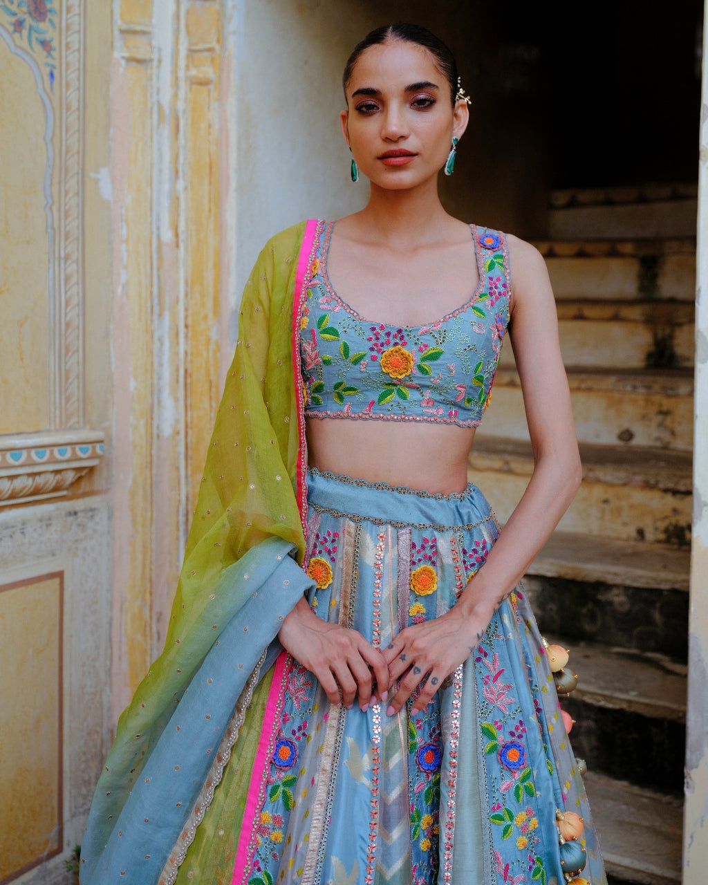 Blue Floral Lehenga Set