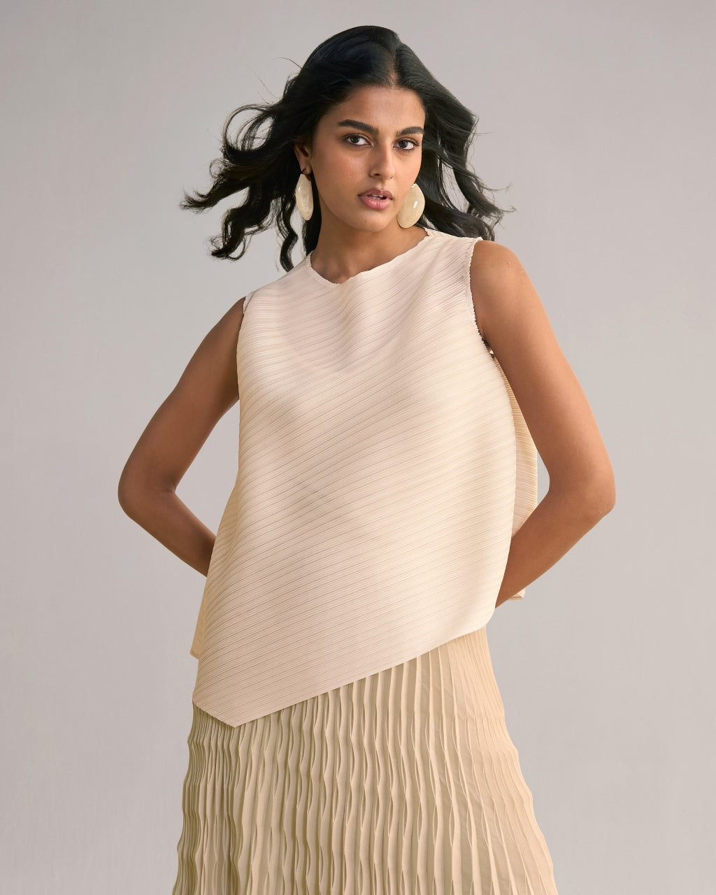 Asymmetric Pleated Top & Irregular Pleated Maxi Skirt