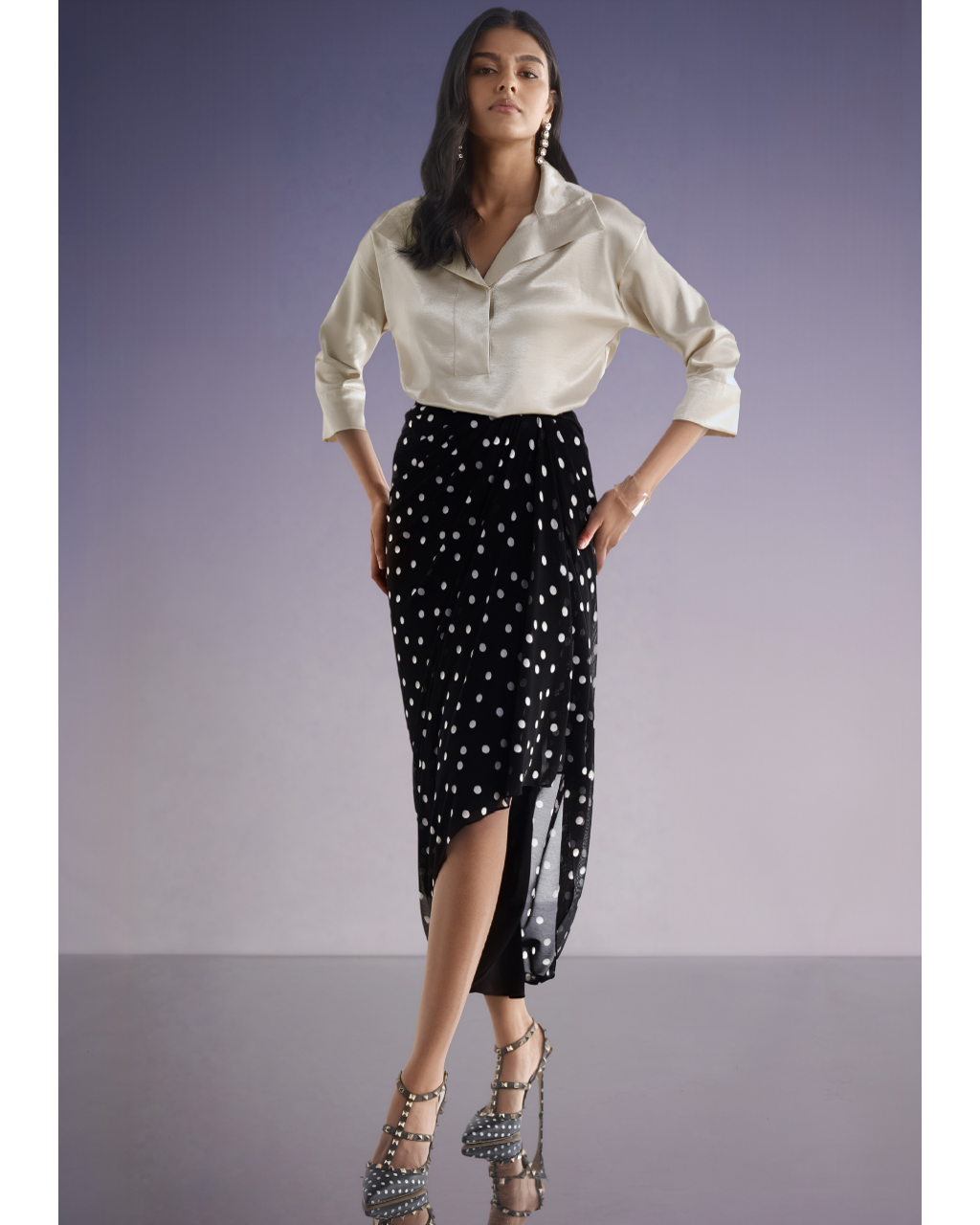 Boxy Satin Popover Top & Polka Dot Drape Skirt
