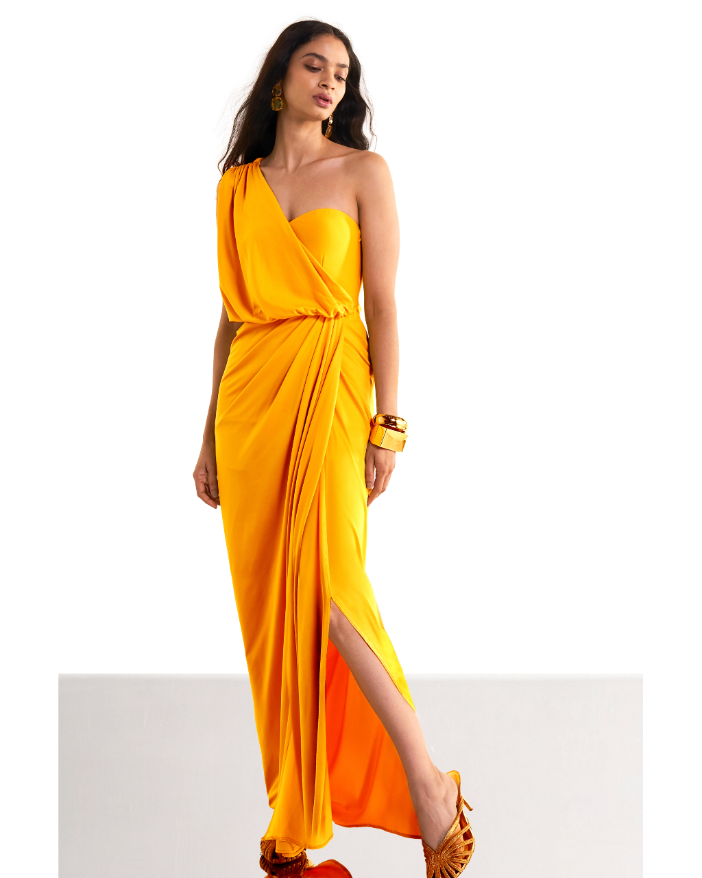 One Shoulder Draped Knit Sari Gown