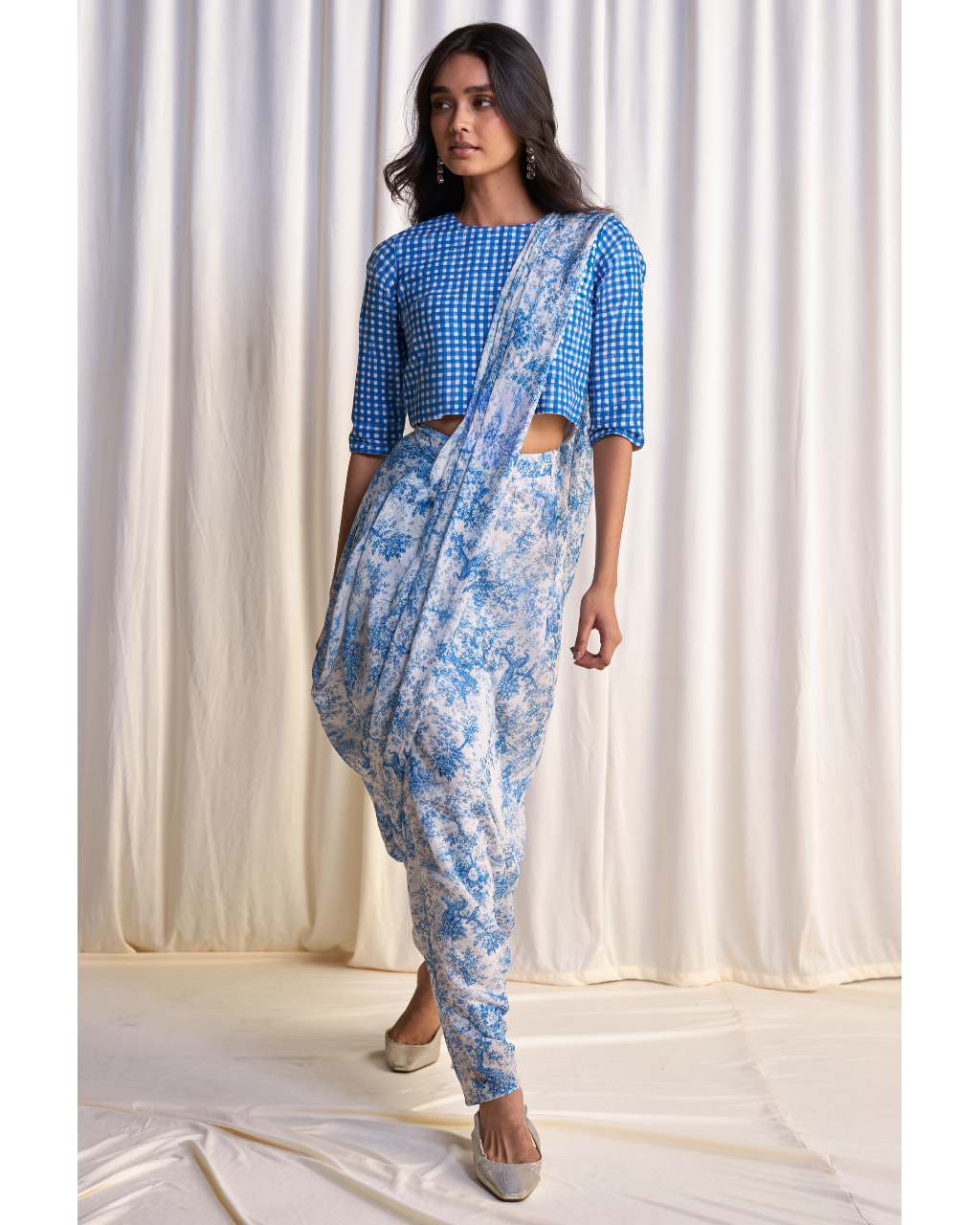 Linen Madras Check Print Top & Toile Print Sari Drape Skirt