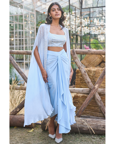 Degrade Pearl Embellished Cape & Bralette With Draped Satin Skirt