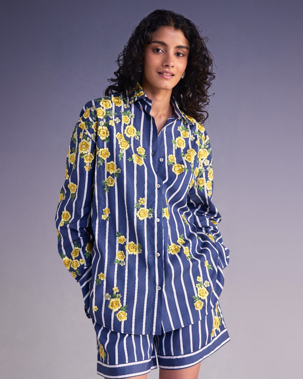 Floral Embroidered Stripe Shirt & Shorts Set