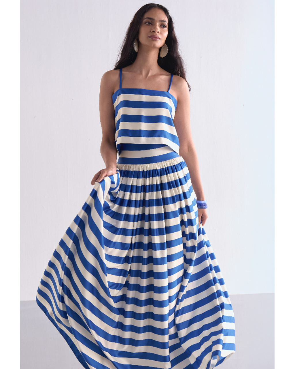 Back Knot Draped Stripe Top & Maxi Skirt Set