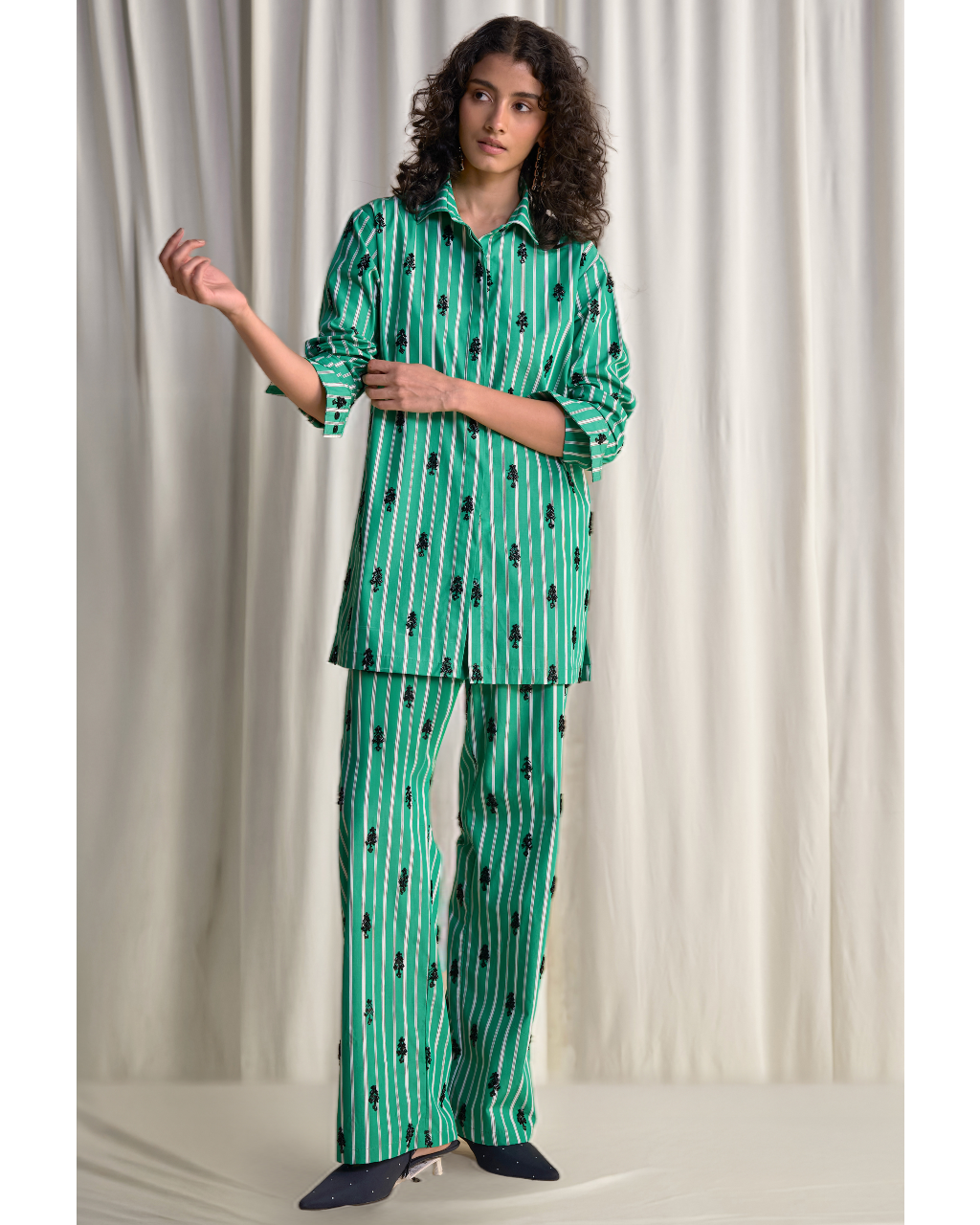Motif Bead Embroidered Stripe Shirt & Pant Set
