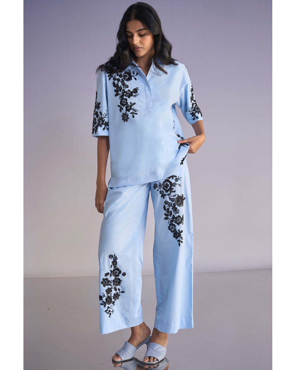 Floral Bead Embroidered Shirt & Pant Set