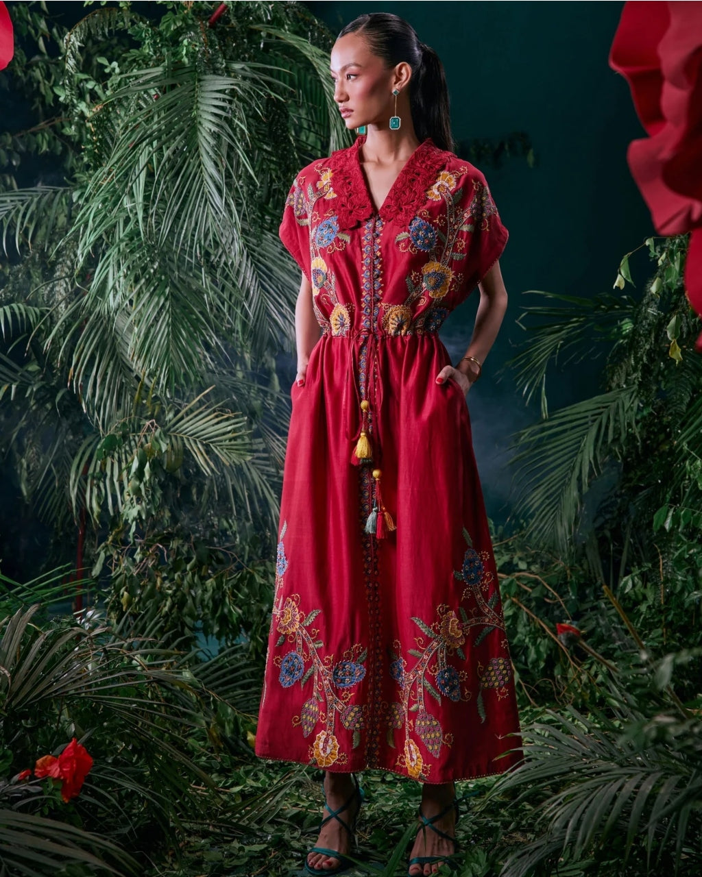 Red Floral Embroidered Shirt Dress