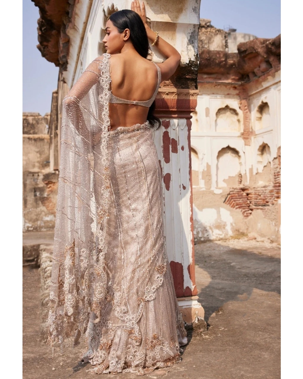 Hecate Dusty Ivory Shimmer Tulle Bridal Lehenga Sari