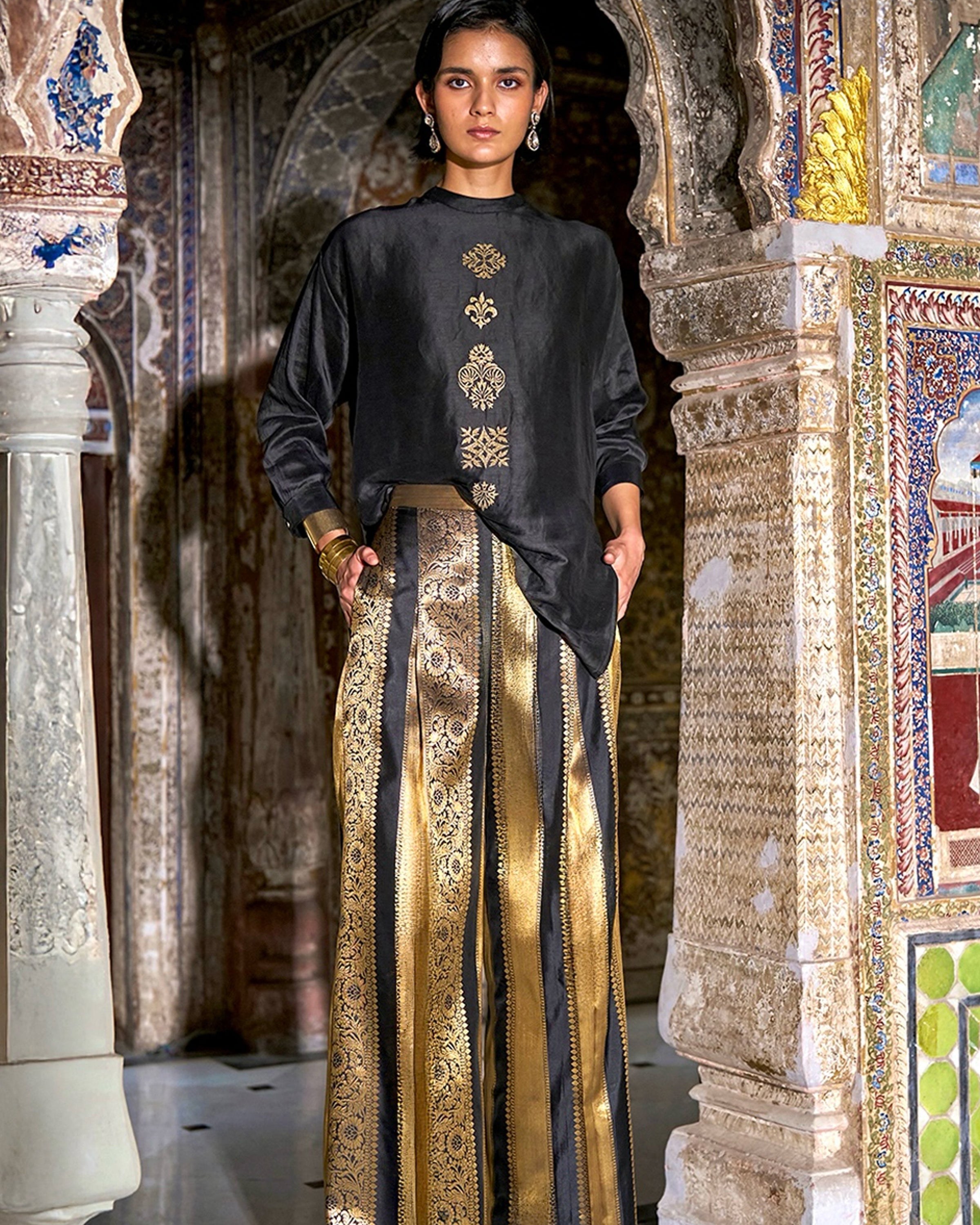 Embroidered Motif Boxy Shirt & Benares Brocade Striped Pant