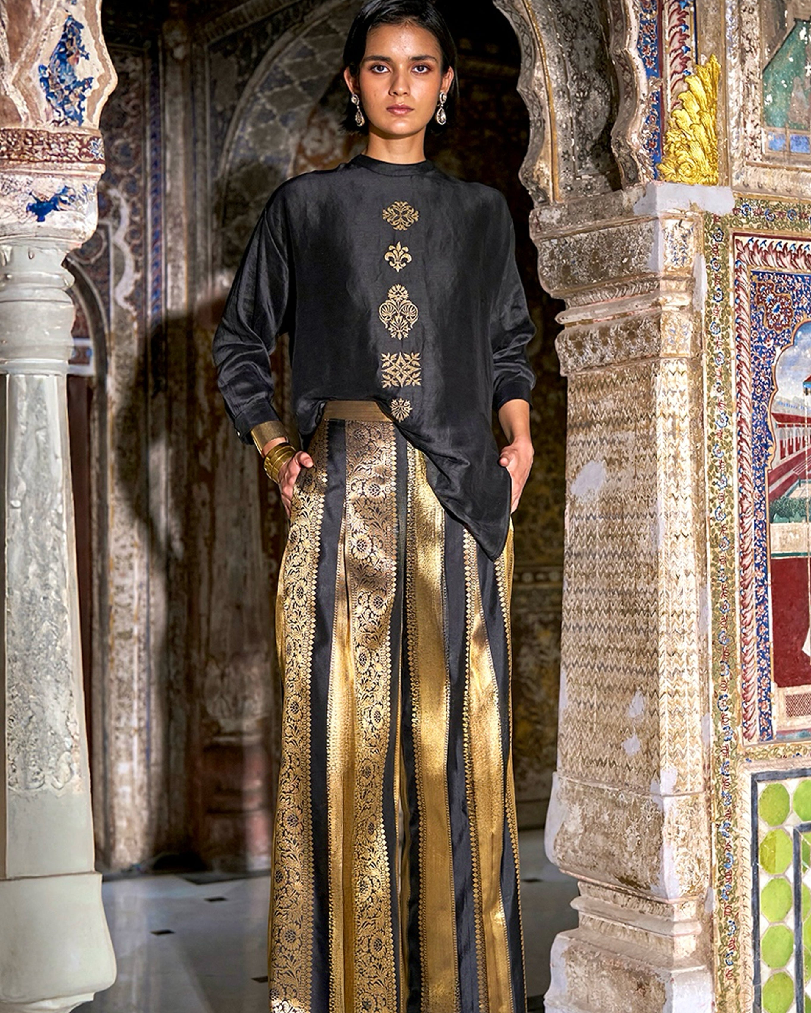Embroidered Motif Boxy Shirt & Benares Brocade Striped Pant