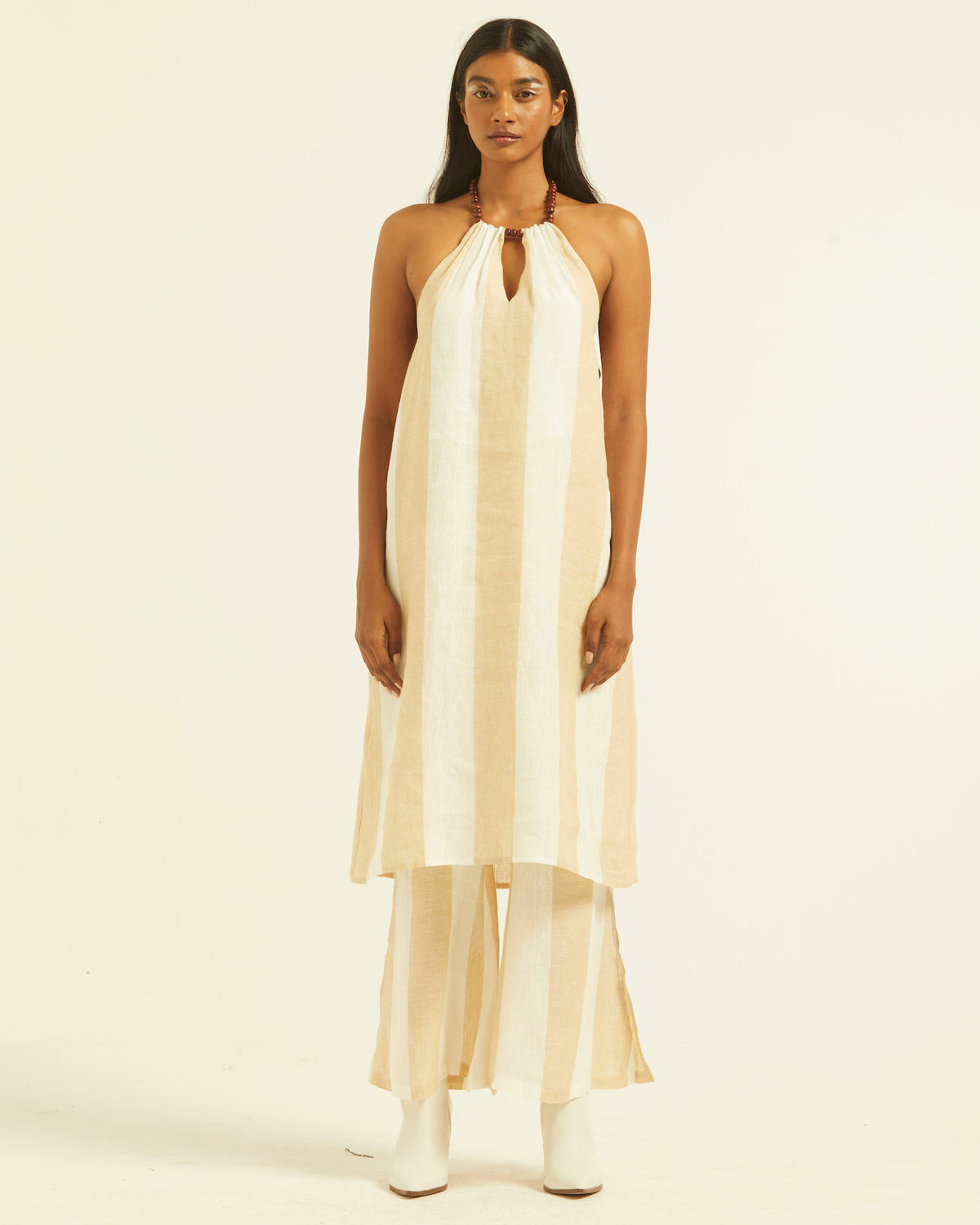 Beaded Neck Linen Stripe Set