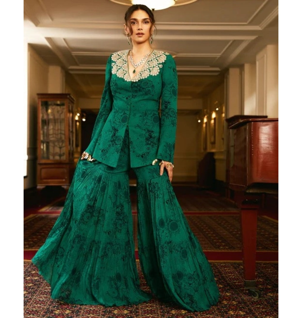 Teal And Black Blossom Jacket & Sharara Set