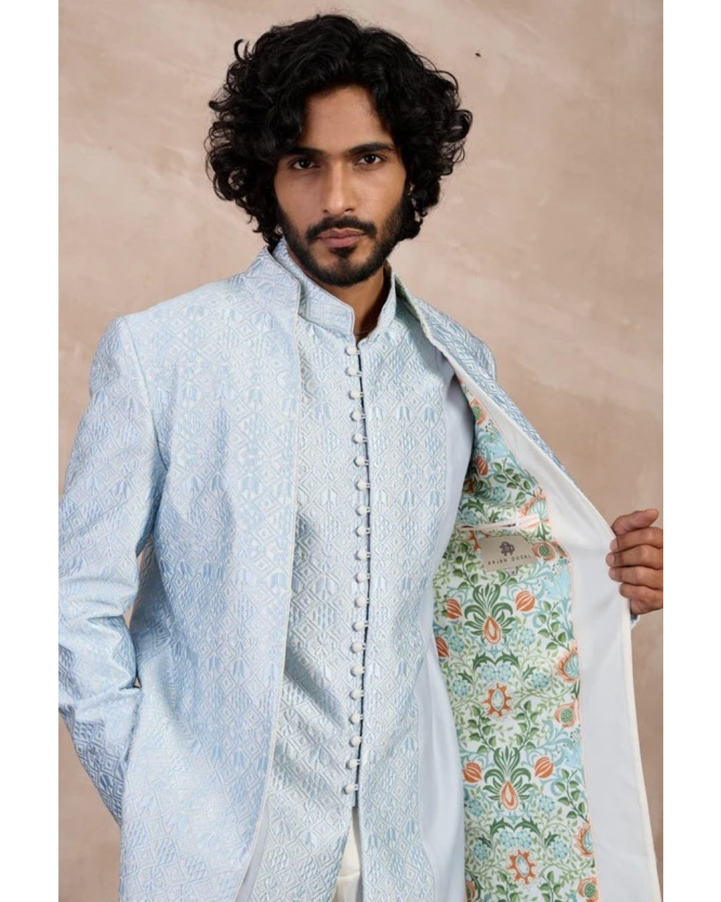 Ivory & Powder Blue Maze Open Bandhgala Set