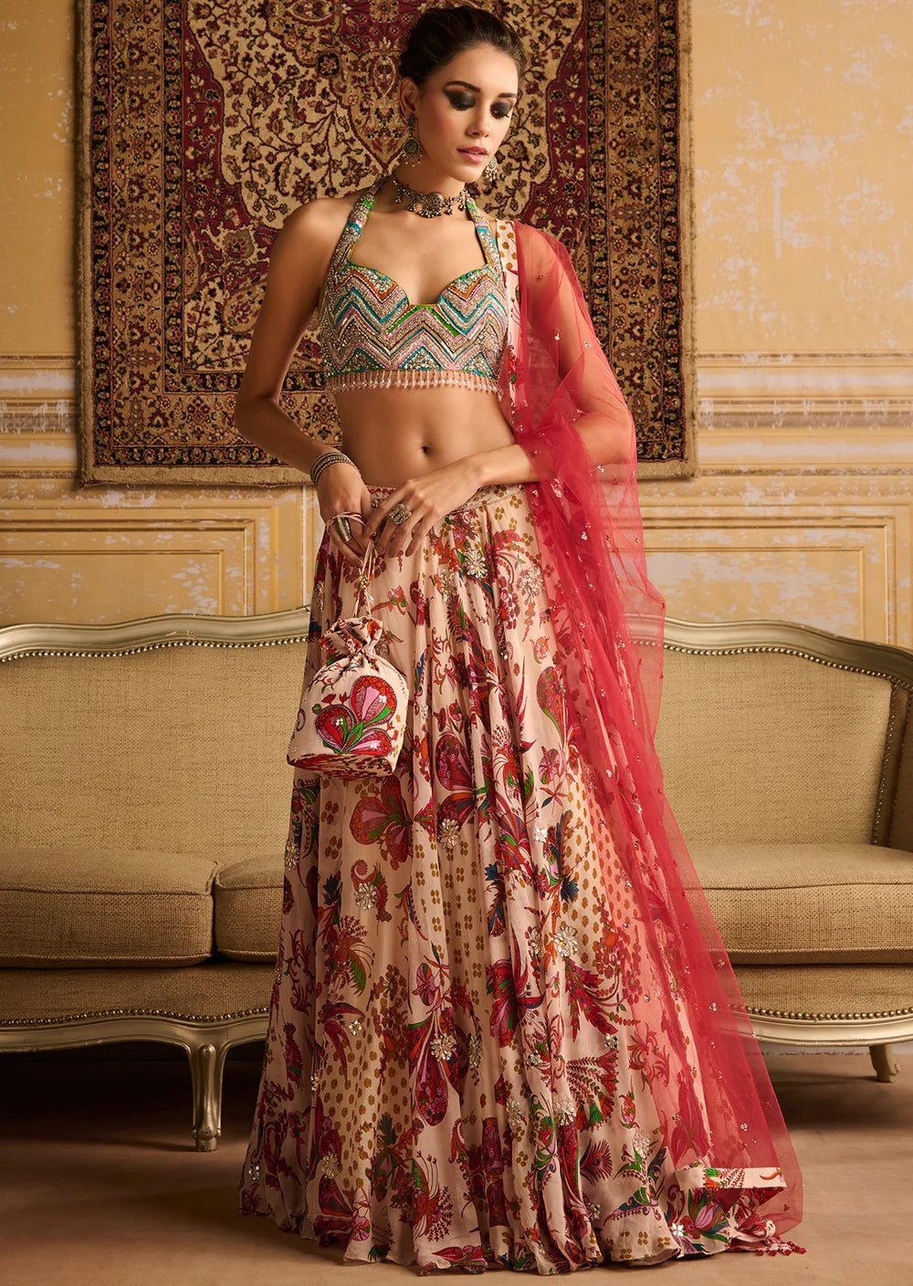 Red Zig-Zag Butta Print Embroidered Blouse And Lehenga Set