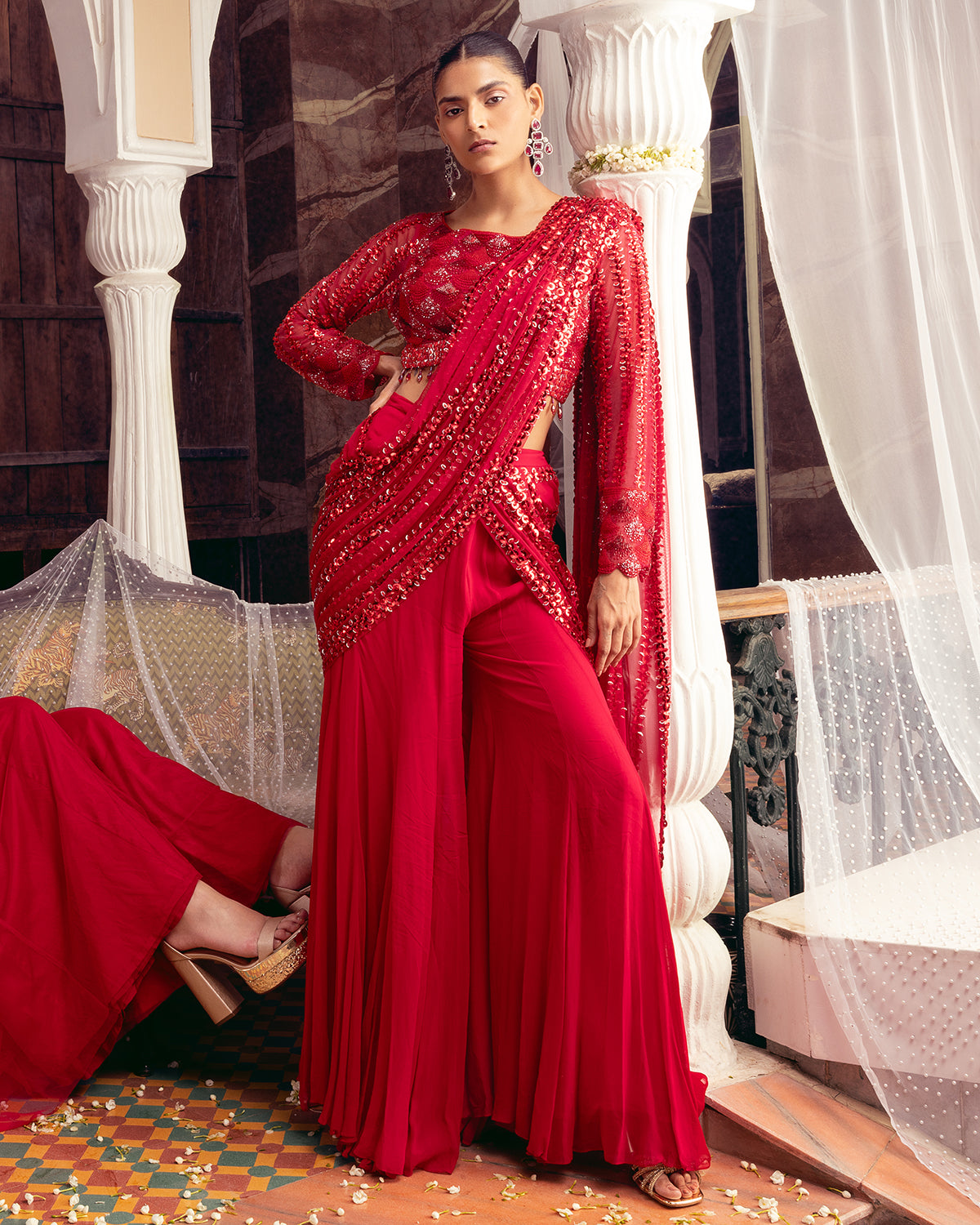 Crimson Red Embroidered Pant Sari Set