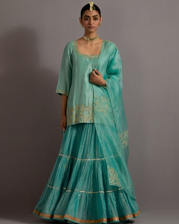 Powder Blue Tissue Short Kurta Skirt Set
