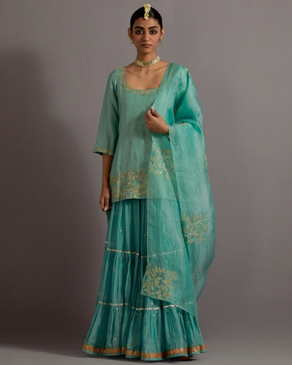 Powder Blue Tissue Short Kurta Skirt Set