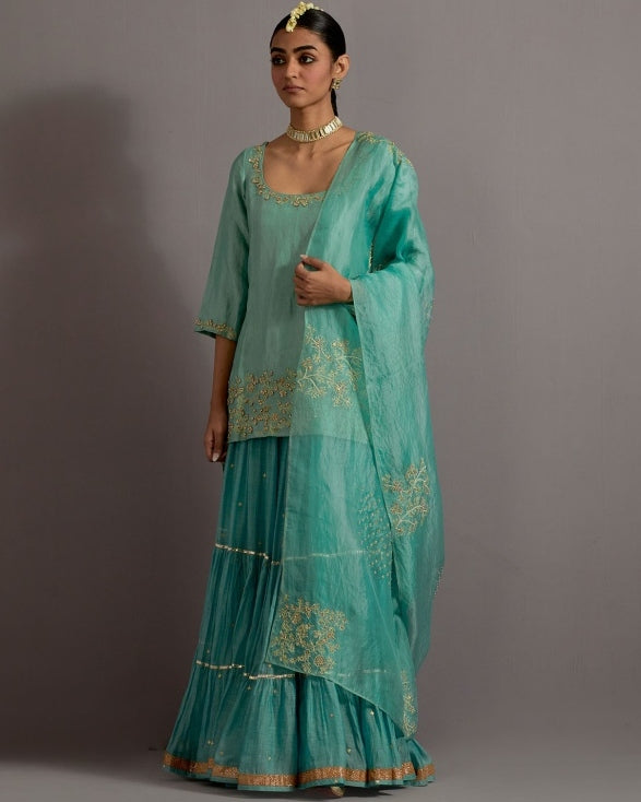 Powder Blue Tissue Short Kurta Skirt Set