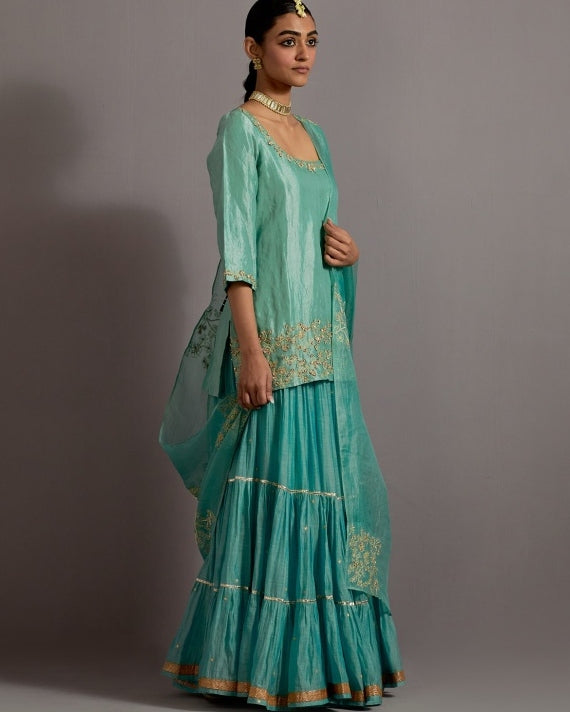 Powder Blue Tissue Short Kurta Skirt Set