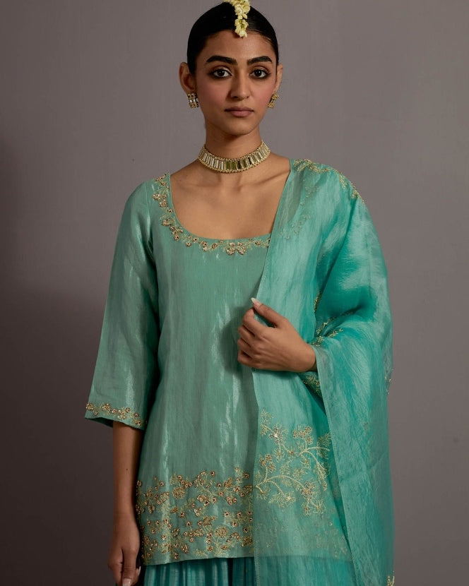 Powder Blue Tissue Short Kurta Skirt Set