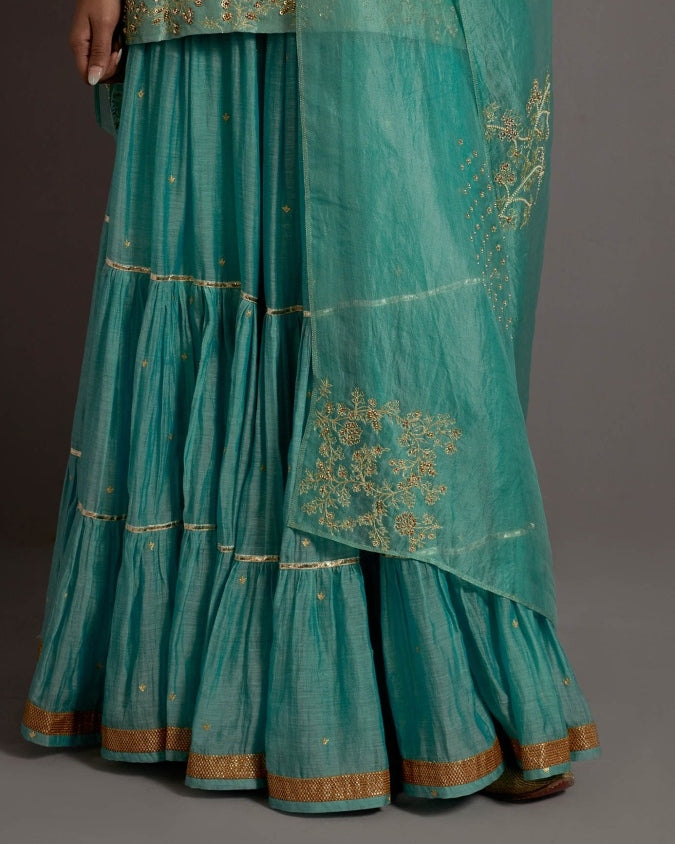 Powder Blue Tissue Short Kurta Skirt Set