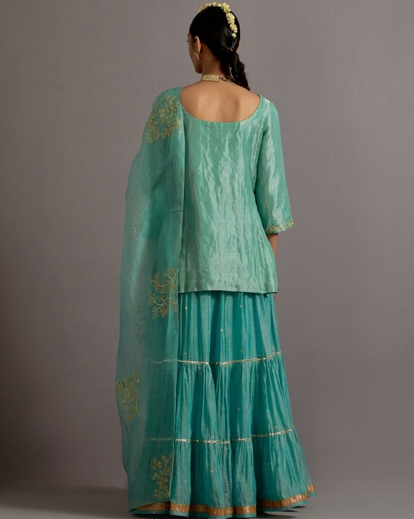 Powder Blue Tissue Short Kurta Skirt Set