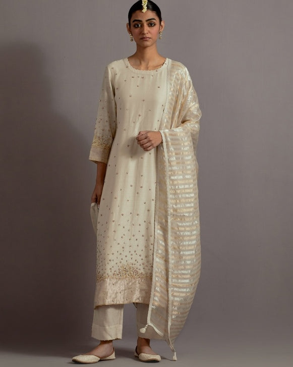 Ivory Tissue Appliqued Straight Kurta Set