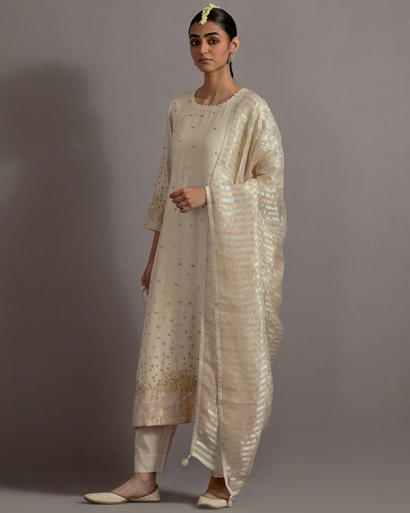 Ivory Tissue Appliqued Straight Kurta Set