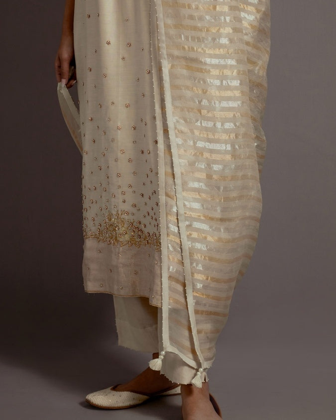 Ivory Tissue Appliqued Straight Kurta Set