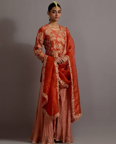 Tangerine Tissue Appliqued Boota Short Kurta Sharara Set