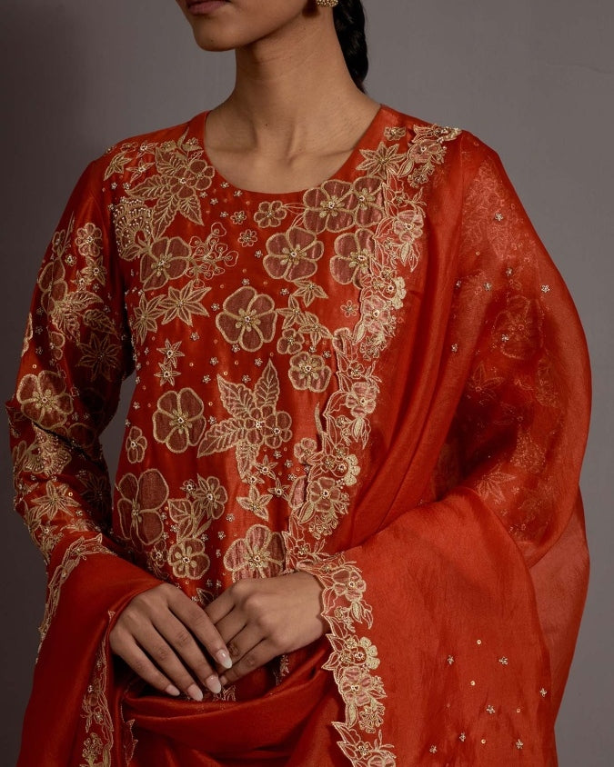 Tangerine Tissue Appliqued Boota Short Kurta Sharara Set