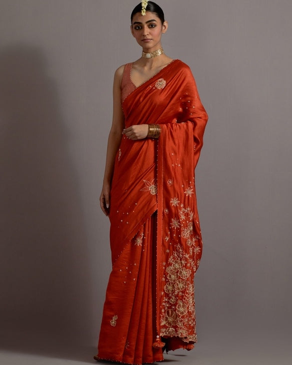 Tangerine Tissue Appliqued Boota Sari With Blouse