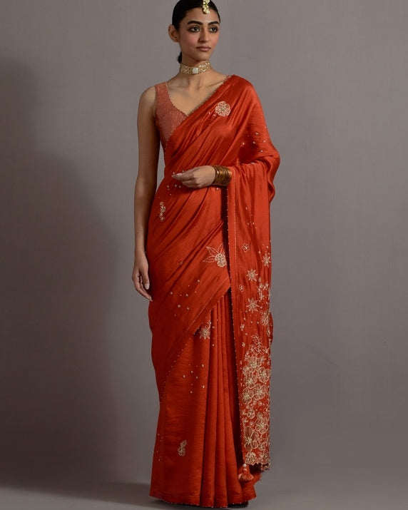 Tangerine Tissue Appliqued Boota Sari With Blouse