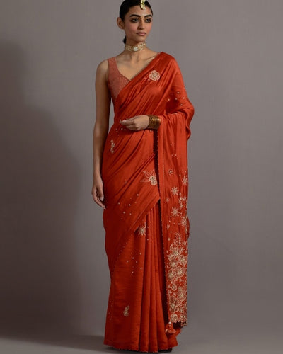 Tangerine Tissue Appliqued Boota Sari With Blouse