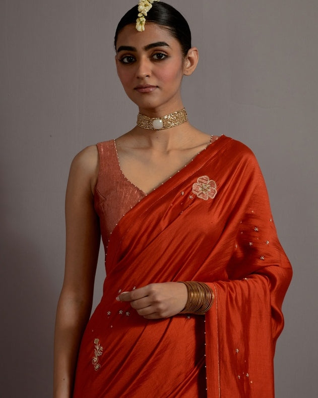 Tangerine Tissue Appliqued Boota Sari With Blouse