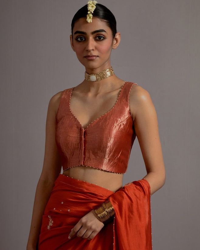 Tangerine Tissue Appliqued Boota Sari With Blouse