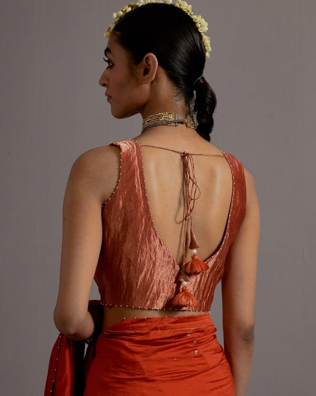 Tangerine Tissue Appliqued Boota Sari With Blouse