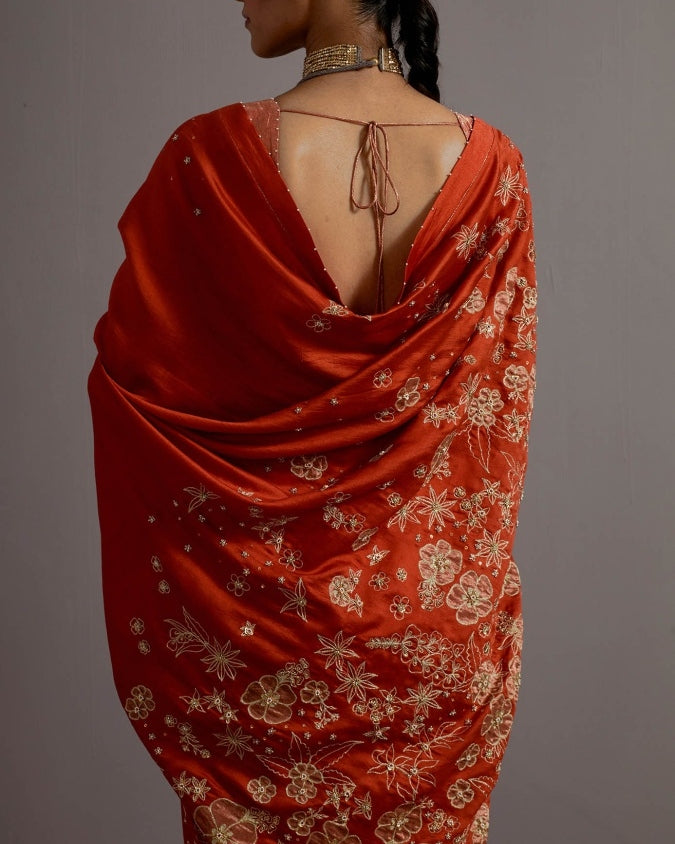 Tangerine Tissue Appliqued Boota Sari With Blouse
