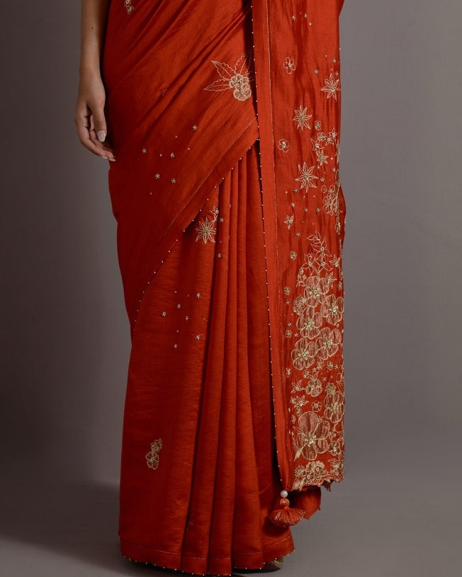 Tangerine Tissue Appliqued Boota Sari With Blouse