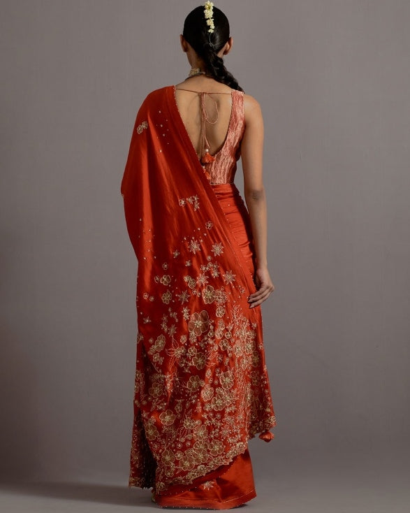 Tangerine Tissue Appliqued Boota Sari With Blouse